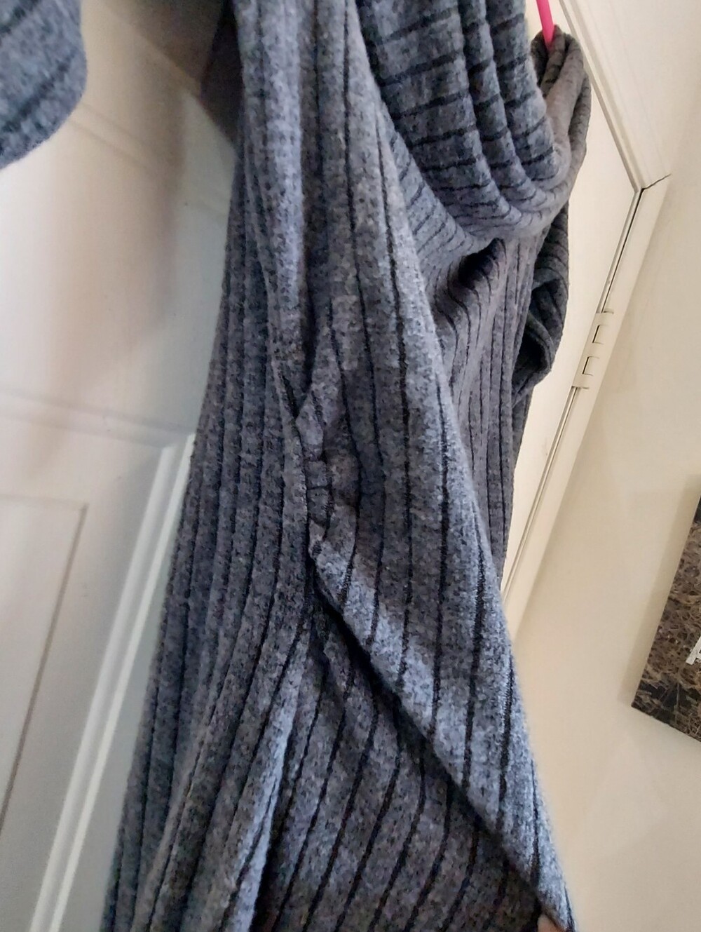 Cowl Neck Ribbed Ruched Sides Knit Maxi Dress Back Slit - Gray - Picture 3 of 3